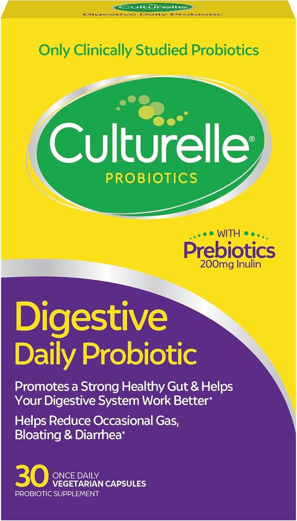 Culturelle cápsulas probióticas diárias para homens e mulheres, mais clinicamente estudado Probiótica Strain, Digestive & Gut Health, Suporta Diarreia ocasional, Gás e Bloating, 1 Mês de Fornecimento, 30 CT