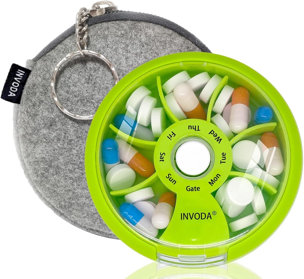 INVODA Weekly Pill Organizer 7 Segment Roterende Pill Box for Daglig Medicin & Vitaminer - Bærbar rejse Pill sag Fish Oil Kosttilskud Vitaminer Organizer (Green + Bag)