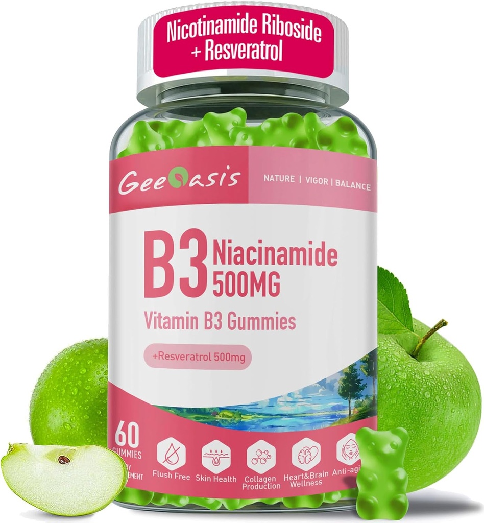 Niacinamide 500mg Gummies, Kauwbare vitamine B3 Supplement met Resveratrol 500mg, Hoge Potentie Niacin voor Antioxidant, Huid & Hersen Gezondheid, Immuun Ondersteuning, Vegan Apple Flavor, 60 Tellen