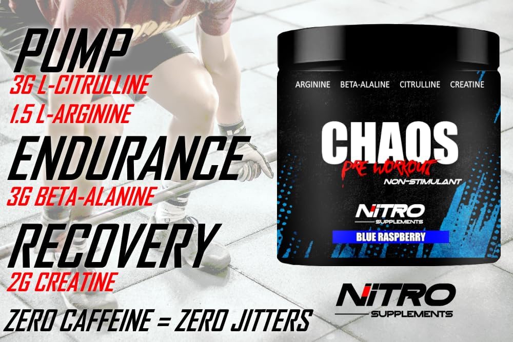 Nitro Supplements - Chaos - Non Stim Pre-Pracovné (30 Sevings) Beta-Alanine, L-Citrulín, Arginine, Kreatín, Taurine Stim-Free non-Stimulant (30 Služby, Modrá Malina)