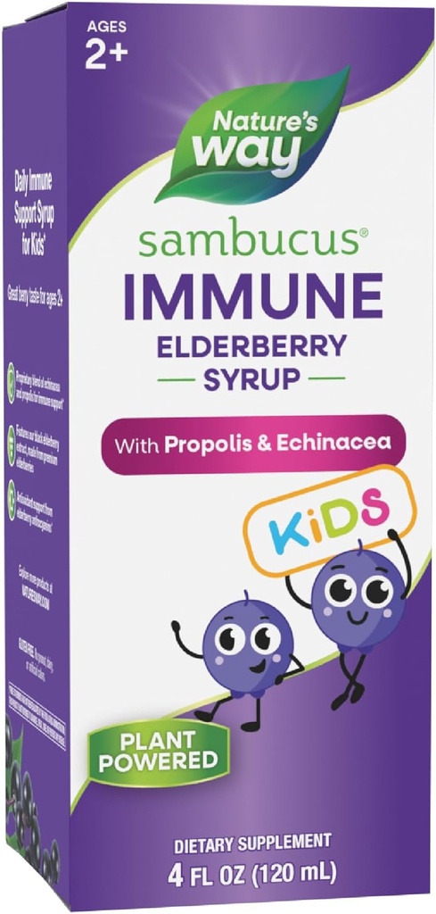 Nature's Way Sambucus Elderberry Immune Sirop pour enfants 2 ans et plus, avec Echinacea & Propolis, Immune Support Sirop*, Végétarien, Berry Flavored, 4 Fl Oz