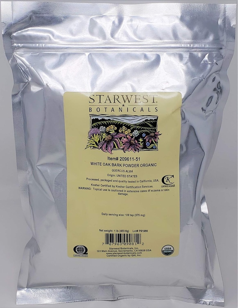 Starwest Botanikalar Organic White Oak Bark Toz, 1 Pound
