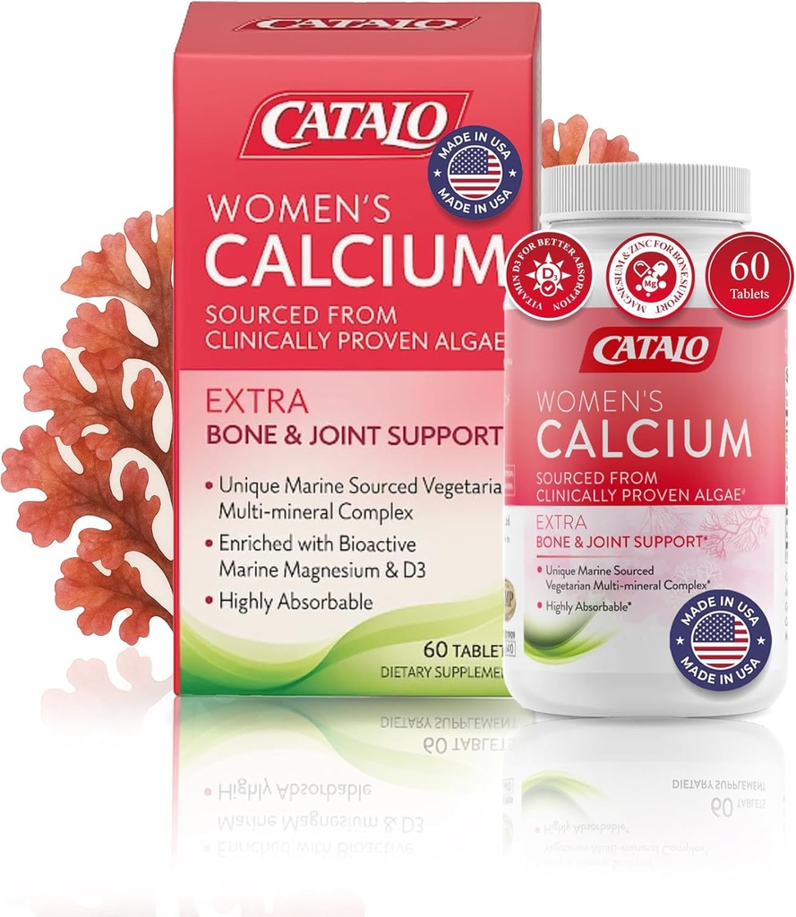 CATALO Women's Calcium med AquaminTM Red Algae - Plant-Based Marine Calcium Supplement med vitamin D3, Magnesium & Zink - Hög Absorption Formel - 60 tabletter
