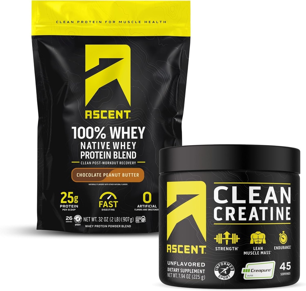 Ascent 100% Whey Protein Toz, Chocolate Peanut Butter 2 lb Neft və Monohidrat Toz, Unflavored 45