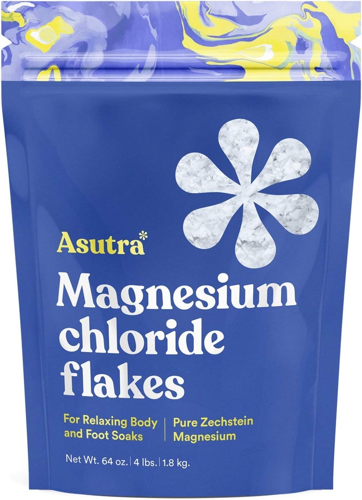 ASUTRA Magnesium Chloride Bath Flakes, 4 фунта - для расслабляющих моющих средств для ног и тела, альтернатива соли Epsom, быстрая абсорбция