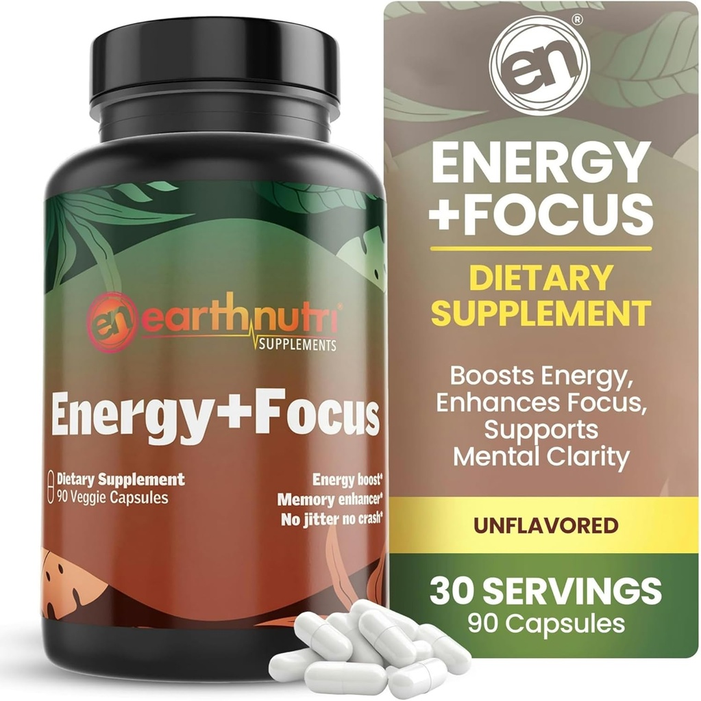 EarthNutri Energy + Focus Addition - Енергиен усилвател на паметта с PeakO2, AlphaSize, Cognizin, PurCaf, Theacrin, Aцетил L-Carnitine и L-Tyrosine - 3 капсули за сервиране