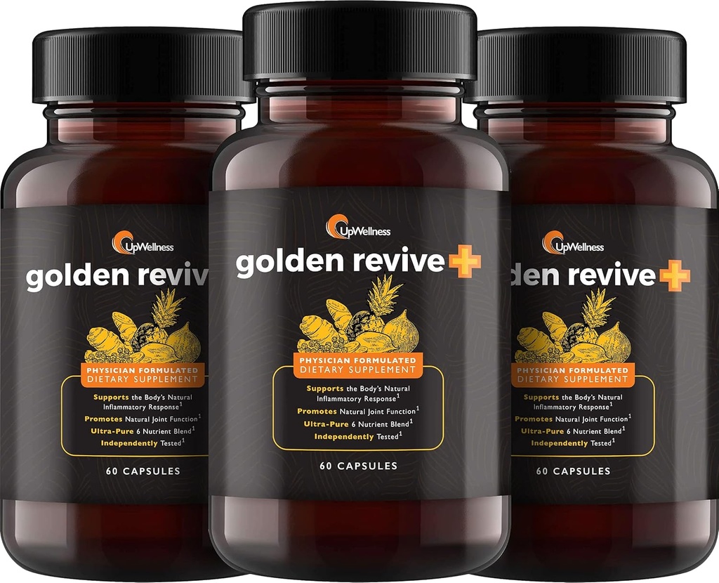 UpWellness Golden Revive + Joint Support תוסף Turmeric עם Black Pepper, Quercetin ו- Magnesium- Turmeric Boswellia - 6 Active Ingredients - 60 קפסולות, 3 Pack