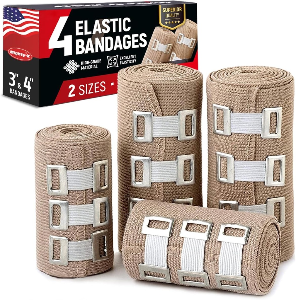 Premium Elastic Bandage Wrap - 4pk (2x3in, 2x4in) + 12 Extra Clips - Strong Compression Bandage Wrap for Wrists, Ankles, Feet and Knees