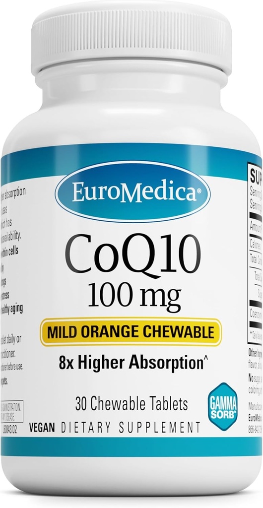 EuroMedica CoQ10 100 מ"ג - תוסף תמיכה באנרגיה סלולרית - תוספת גבוהה יותר Absorption CoQ10 Chewable - תוספת תזונתית לסיוע בריאות Aging & Brain Health - 30 טבליות Chewable