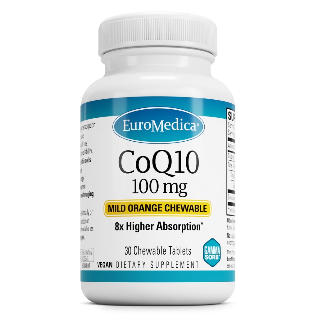 EuroMedica CoQ10 100 mg - Cellular Energy Support Supplement - Higher Absorption CoQ10 Chewable Supplement - Nutritional Supplement to Aid Healthy Aging & Brain Health - 30 Chewable Tablets