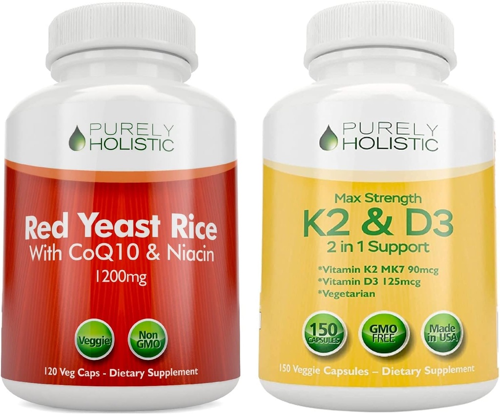 Purely Holistic Red Yest Rice 1200mg with CoQ10 & Niacin + Витамин D3 5000 IU (125mcg) & K2 MK7 90mcg Bundle - 270 Вегетариански капсули - Произведени в САЩ