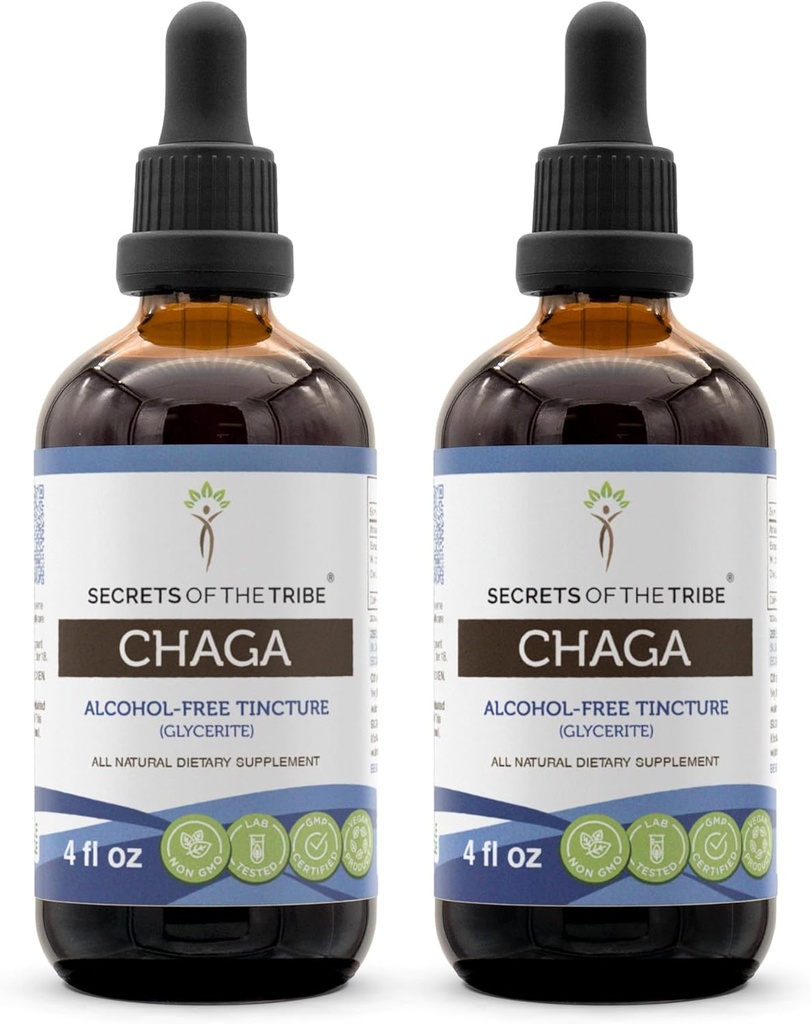 Segreti della tribe Chaga Tincture Alcohol-Free Extract, Wildcrafted Chaga (Inonotus obliquus) Dried Whole Mushroom (2x4 FL OZ)