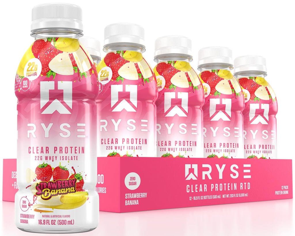 RYSE Čirý proteinový nápoj - Jahodové banány - 100 kalorií, 22g syrovátkový izolát protein Shake, Sugar- Free, 0g Tuk & Lactose- Free - Občerstvení Ready- to- Drink Nápoje - 16.9 fl oz Lattles (12-Pack)