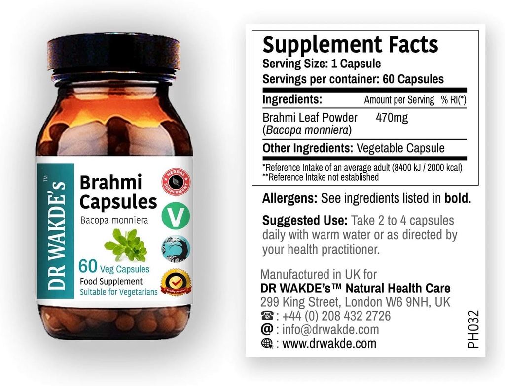 DR WAKDE 'S Brahmi Capsules (Bacopa monniera, 60 Veg Caps, Plant-Based Additive, Ayurvedic Herb, All Natural, Vegan)