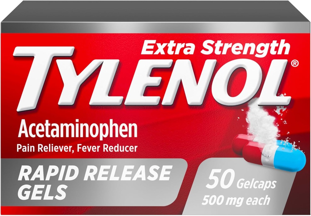 Tylenol Extra Force Acetaminofen Rapid Release Gels, Extra Force Pain Reliever & Fever Reductor, Gelcaps with Laser-Darkling Holes, 500 mg Acetaminofen, 50 ct