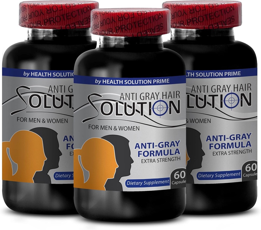 גירוי שיער אפור - Anti Gray Hair Solution - תוסף ביוטין, מוצרי שיער, ראה פלט Pametto, L-Tyrosine, Nettle Root, Folate Pills, ויטמין B6, פורמולה טבעית, גלולות אנרגיה, 3 Bot 180 Caps
