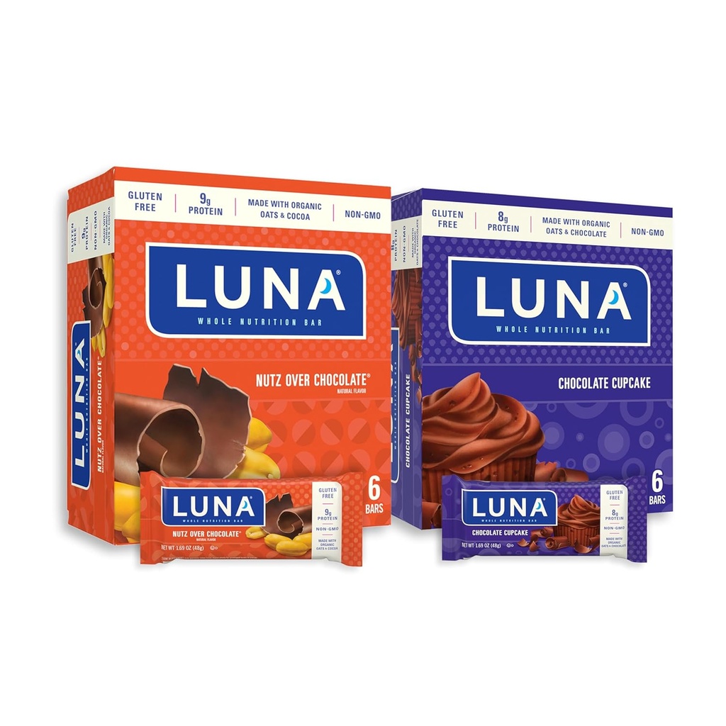 LUNA Bar - Variety Pack - Nutz Over Chocolate and Chocolate Cupcake Flavor - Snack Bars - Non- GMO - Gluten- Free Protein Bary - Vyrobeno s organickými Oves (12 balení, 2 krabice)