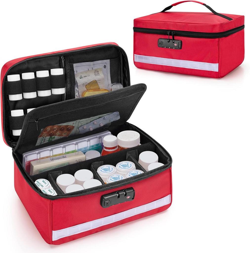 Damero Locking Pill Bottle Organizer mit Innere Dividers, Medizin Aufbewahrung und Organizer Tasche Kombinationsschloss für Medizin, Vitamine und medizinische Versorgung, Rot