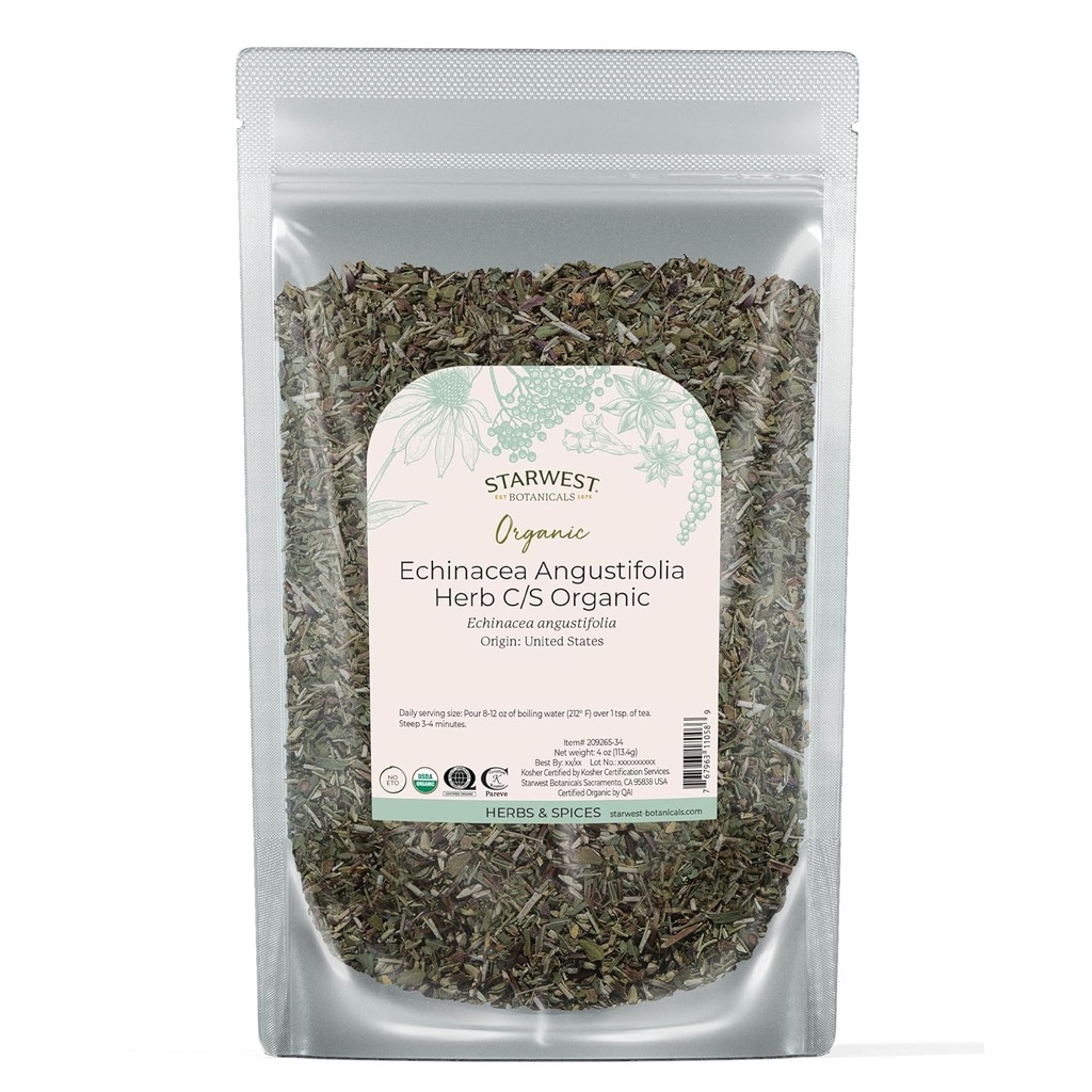 Starwest Botanicals szárított Echinacea Angustifolia Organic - Loose Leaf Herb for Tea, Tinktures, & Natural Herbal Bleends, Cut & Sifted, Certified Kosher, Non-GMO - 4 oz Pouch