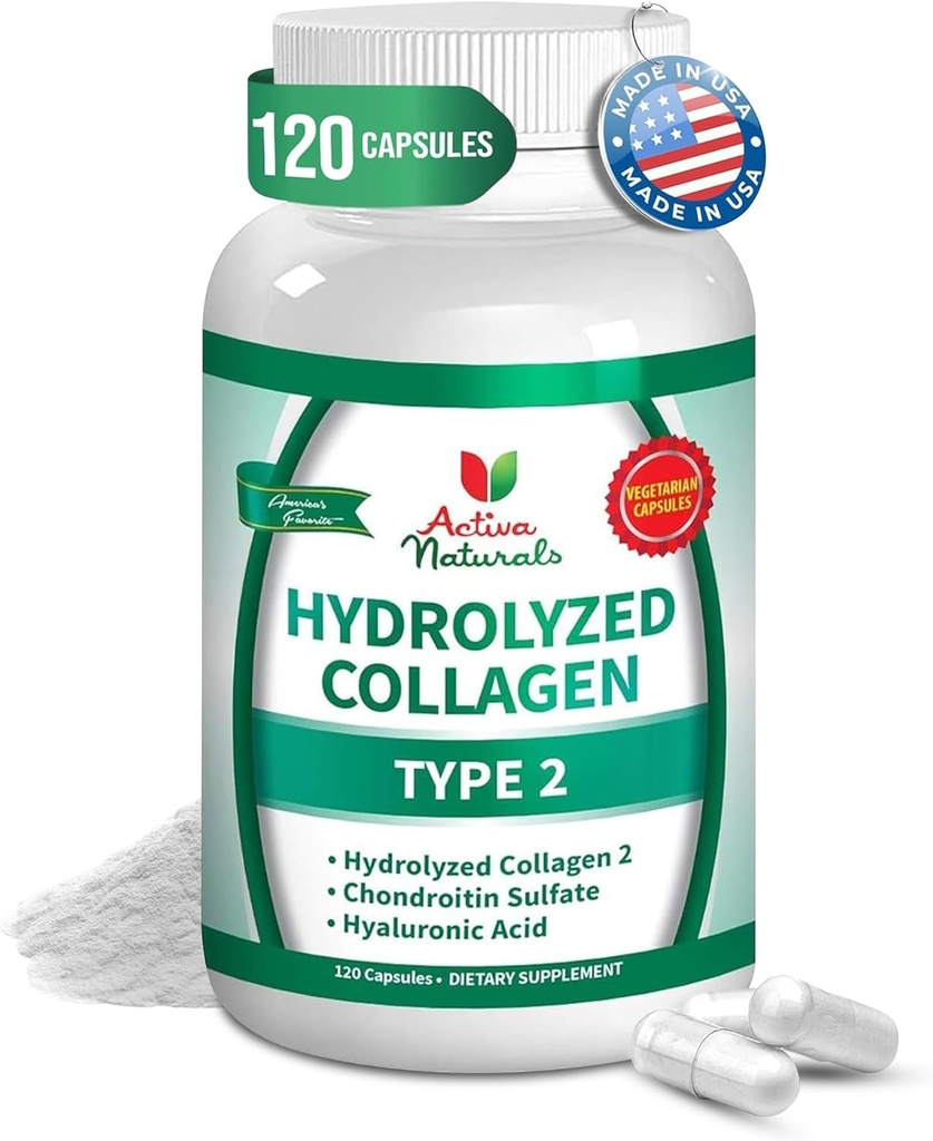 Collagen Type 2 Hydrolyzed Supplement with Chondroitin and Hyaluronic, for Healthy Hair, Skin, and Nails, No Fillers, Additives, and No Artificial Colors - 120 Vegetarian Capsules