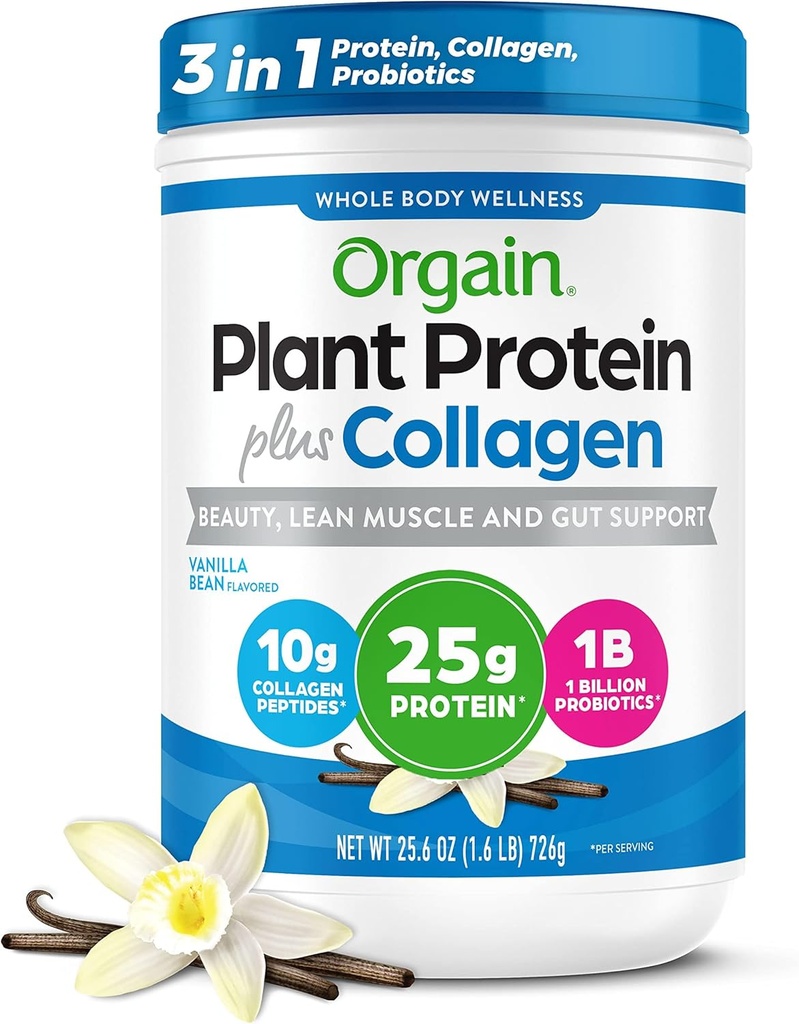 Orgay Protein Powder + Collage, Vanilla Bean - 25g de Protetin, 10g Collage Peptides, tipus I III, 1BFU Probiotics, implementació de pèls, pell, Nail, Estint & Gut Health, Guten Free - 1.6