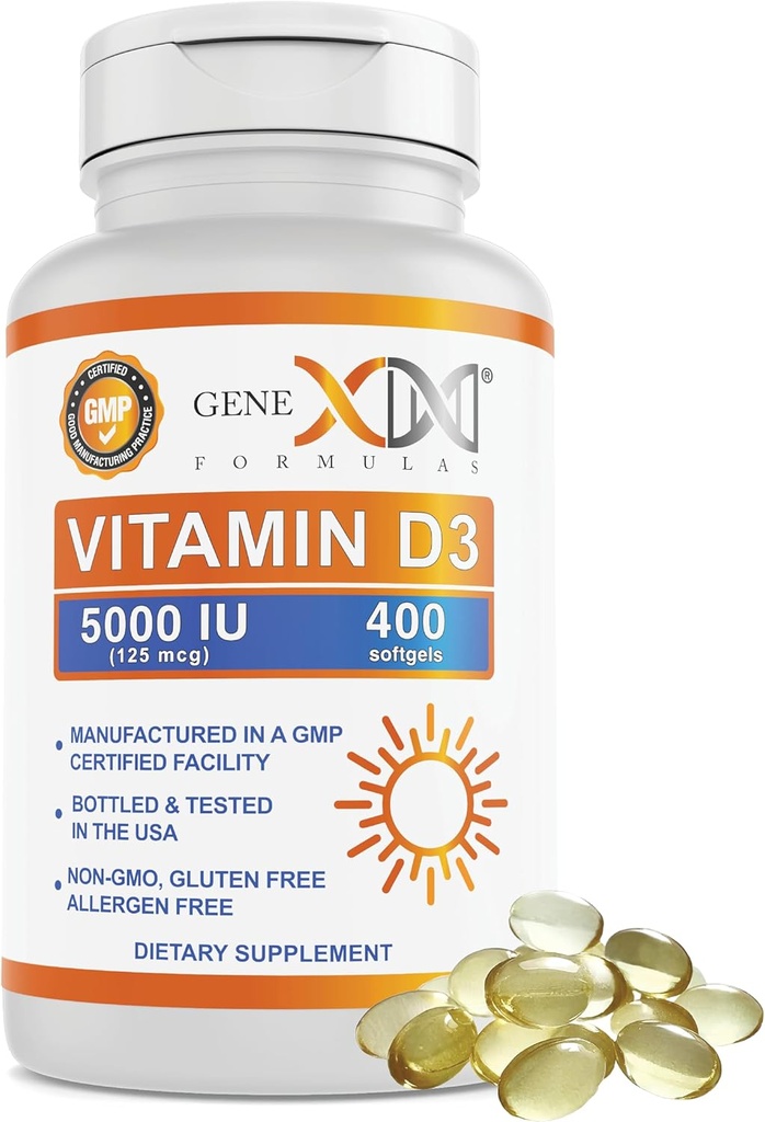 ยีนซ์สูตรวิตามิน D3 5000IU (4000 Softgels) การรองรับสุขภาพของกระดูกและกล้ามเนื้อ - Not-GMO, Gluten Free, Allergen-free