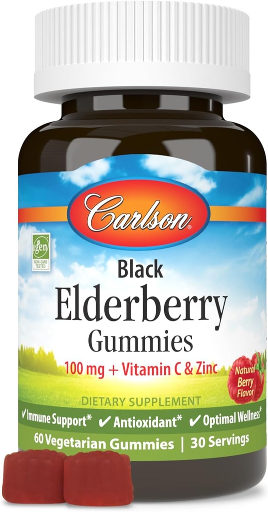 Carlson - Black Elderberry Gummies, C & Zinc bitamina, Immune euskarria, 60 Gummies
