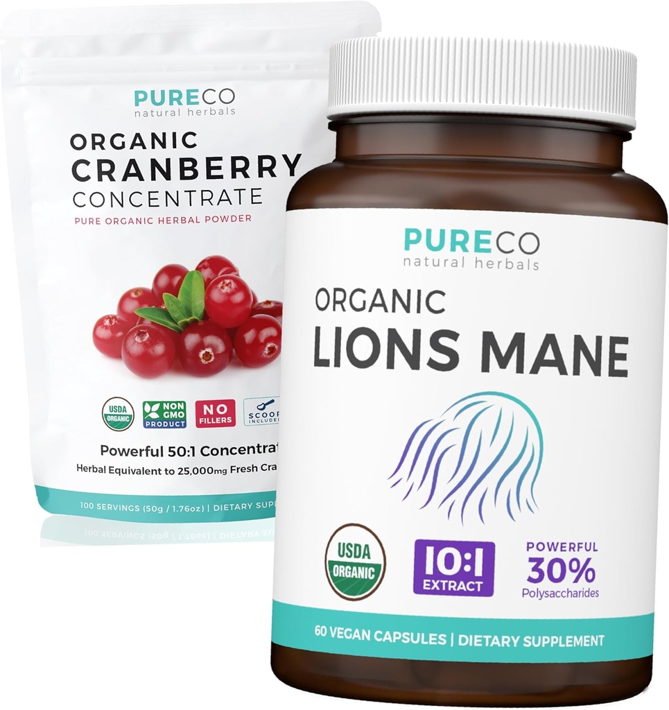 Brusnicový prášok a Lions Mane (1-Month Supply) Mindful Cranberry Bundle of Organic Cranberry Concentrate Powder 50:1 Extract (100 lopatiek) & Organic Lions Mane Mushrom 10:1 Extract (60 kaps)