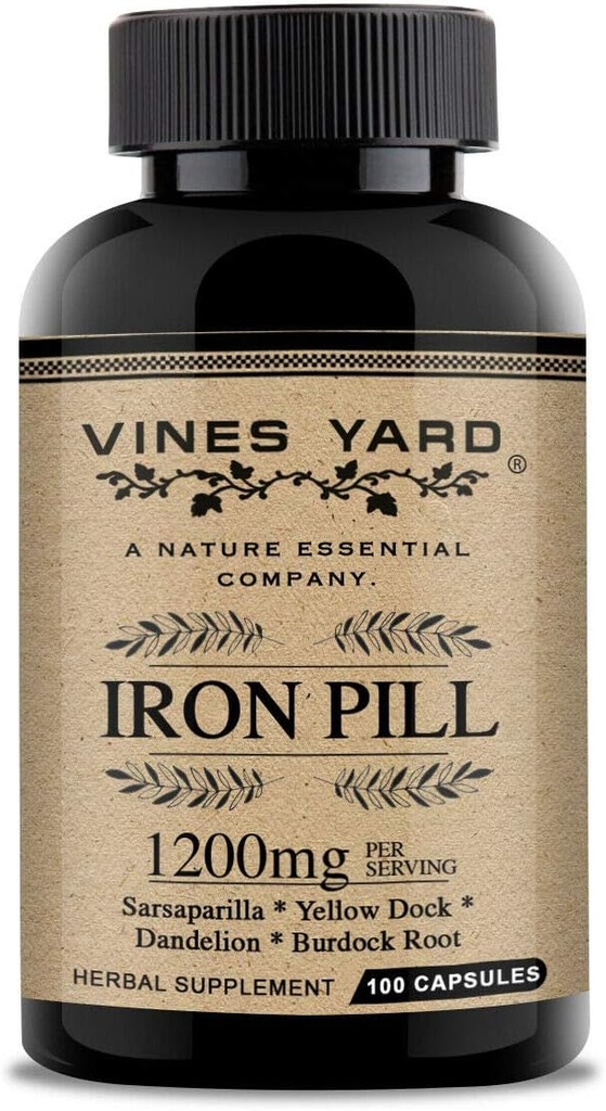 Iron Supplements | Natural Herbal Iron Pills | Organic Sarsaparilla, Dandelion, Burdock Root & Yellowdock Capsules 1200mg | 100 Pack