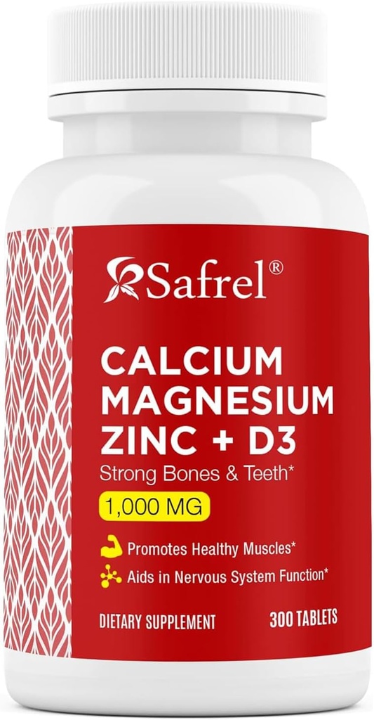 Zinco di Magnesio di Calcio Safrel con Vitamina D3, 300 compresse - Calcio 1000 mg, Magnesio 400 mg, Zinc 20 mg & D3 600 IU per Serving
