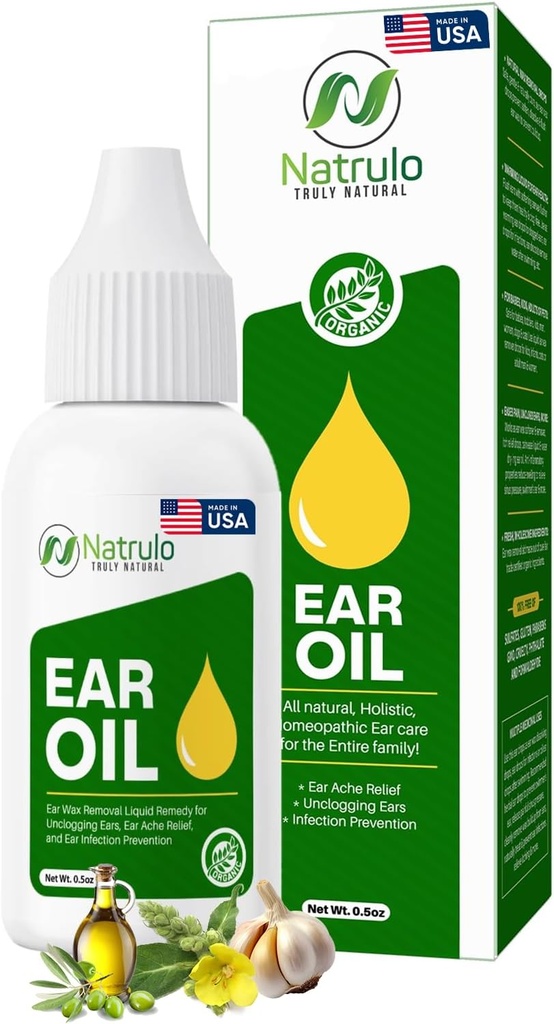 Aceite de oído ecológico para la infección del oído - Natural Eardrops for Ear Pain, Swimmer's Ear &amp; Wax Removal - Niños, Adultos, Baby &amp; Dog Earache Remedy - Ear Drops with Mullein, Garlic Made in USA (0,5 Oz)