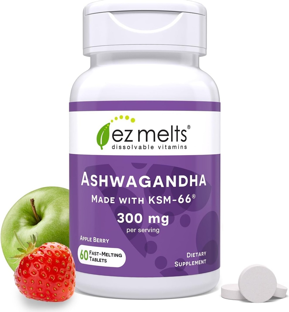 EZ Melts Dizolvabil KSM-66 Ashwagandha, 300 mg, Sugar-Free, Stres, Sleep and Mood Supplement, 30-Day Suppliment, Apple Berry-Flavor - 1 Pack