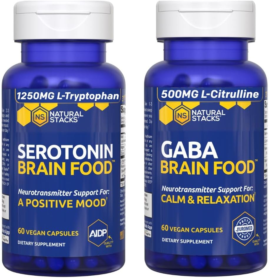 NATURAL STACKS Серотонин и GABA Brain Food Bundle - поддържа положителна настроение и спокойствие* - 120 Общо капсули