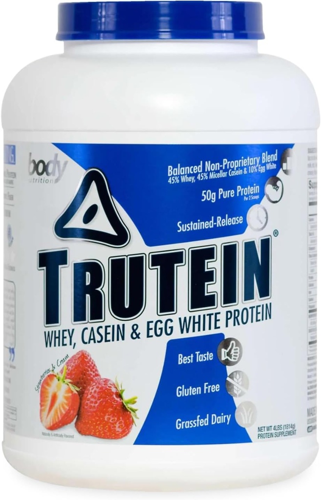 Nutriție corp Trutein Pulbere de proteine ridicate: 45% Whey, 45% Cazeină, 10% Ou Alb, Gluten-Free, Sodiu scăzut, Iarbă Fed Whey Pulbere Proteină, Gym Supliment & Breakfast Shake, Căpșuni și Cremă, 4lb