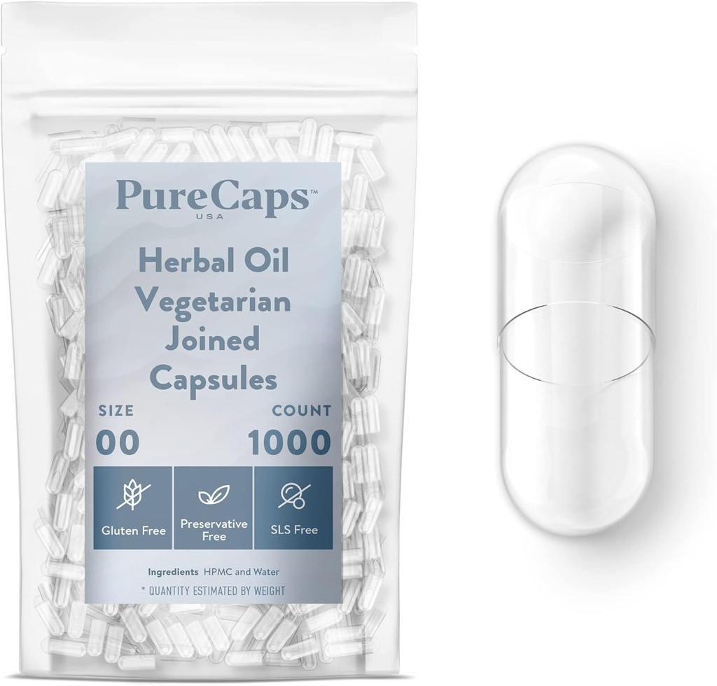 Purecaps USA - Boş Herbal Oil Vegetarian Vegan Pill Capsules Boyutu 00| 1000 Joined Pills| Clear| Non-GMO sertifikalı| SLS, Gluten, Preservative Free Free Free