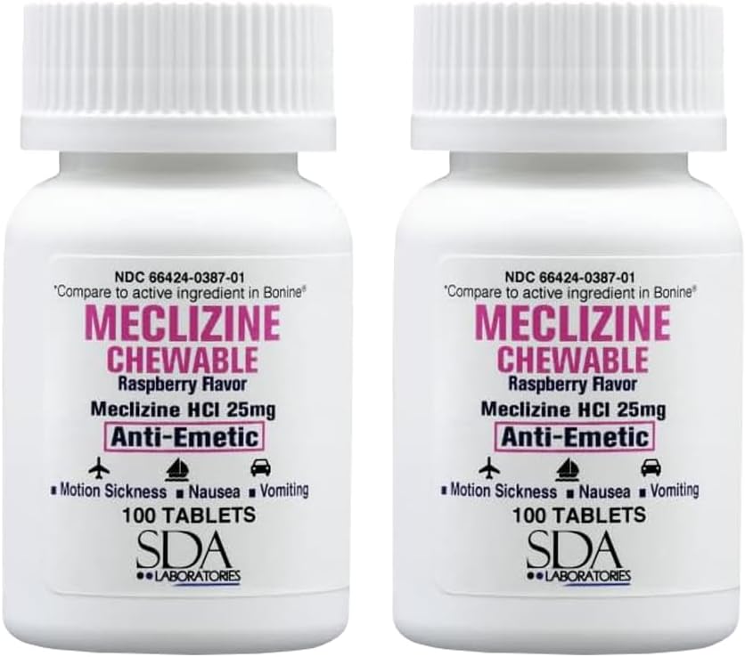 SDA LABORATORIES Meclizine 25mg Chewable Tablets, Anti-Emetic, Raspberry Flavor, Motion Sickness & Vertigo Relief för Nausea, Dizziness, Vomiting, Portable Travel Aid (2 Bottles of 100 Count)