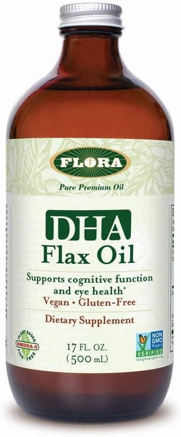 Flora DHA Flax Oil - podpira zdravje možganov - vsebuje Vegan Omega-3-6-9, Gluten-free, Kosher & Non-GMO - Naj se ohladi - Steklena steklenica - 17 fl. oz.