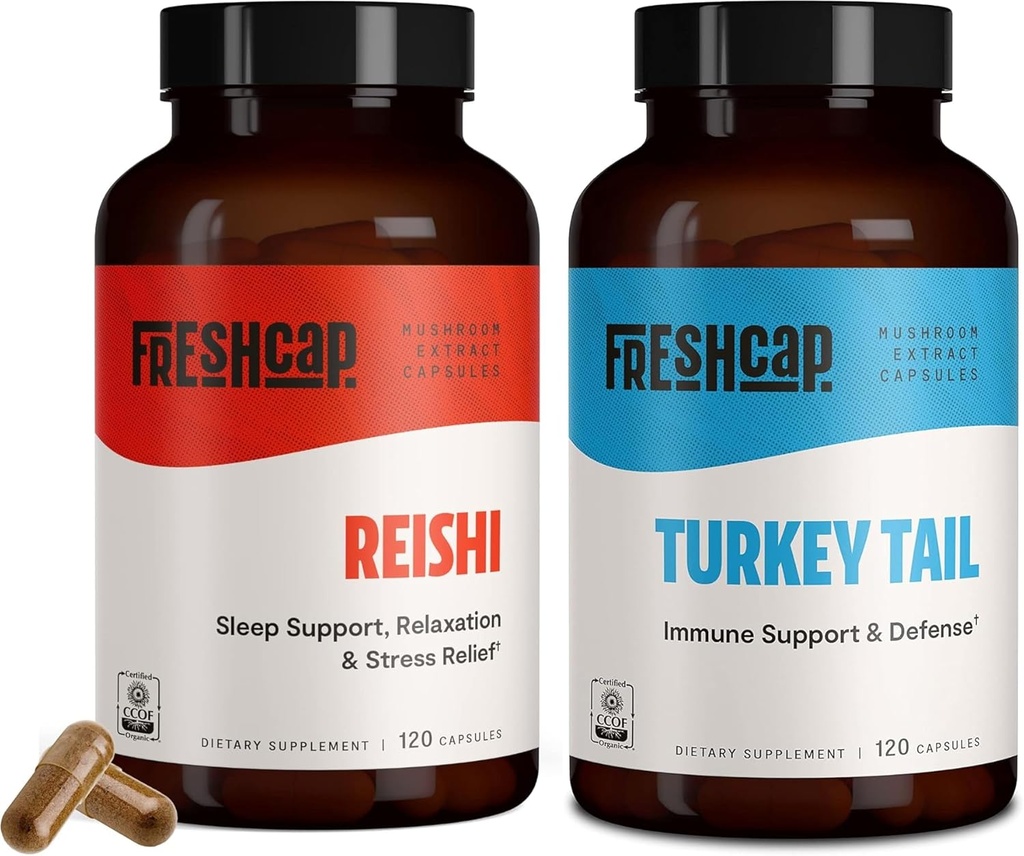 FreshCap Mushrooms Wellness Duo: Reishi 14.000 mg Longevity + Türkiye Immune & Digestive Health - 120 Capsules Every