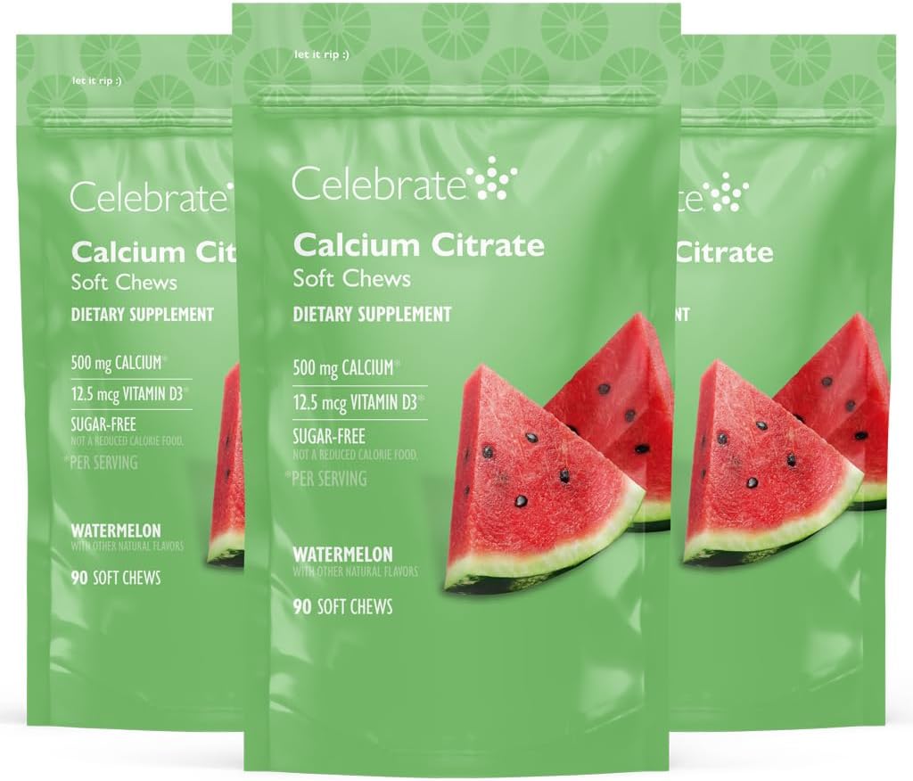 Celebrate Vitamins Bariatric 500mg Calcium Citrate Soft Chews with 500 IU Vitamin D3 – Essential for Gastric Bypass Patients & Bone Health - Sugar & Gluten Free, Melon (270 Chews)