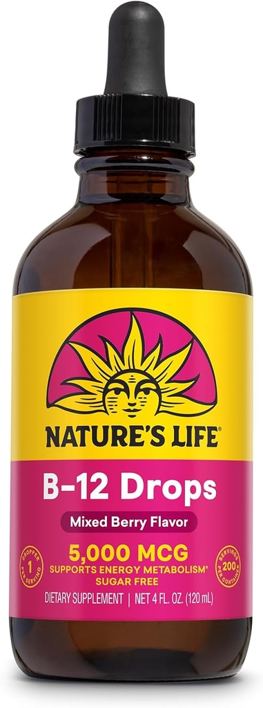 Naturens liv B12 faller 5000 mcg - vitamin B12 Methylcobalamin - flytende B12 Supplement for energimetabolisme, nervefunksjon og rød blodcelle støtte naturlig blandet berry, sukkerfri (200 Serv, 4oz)