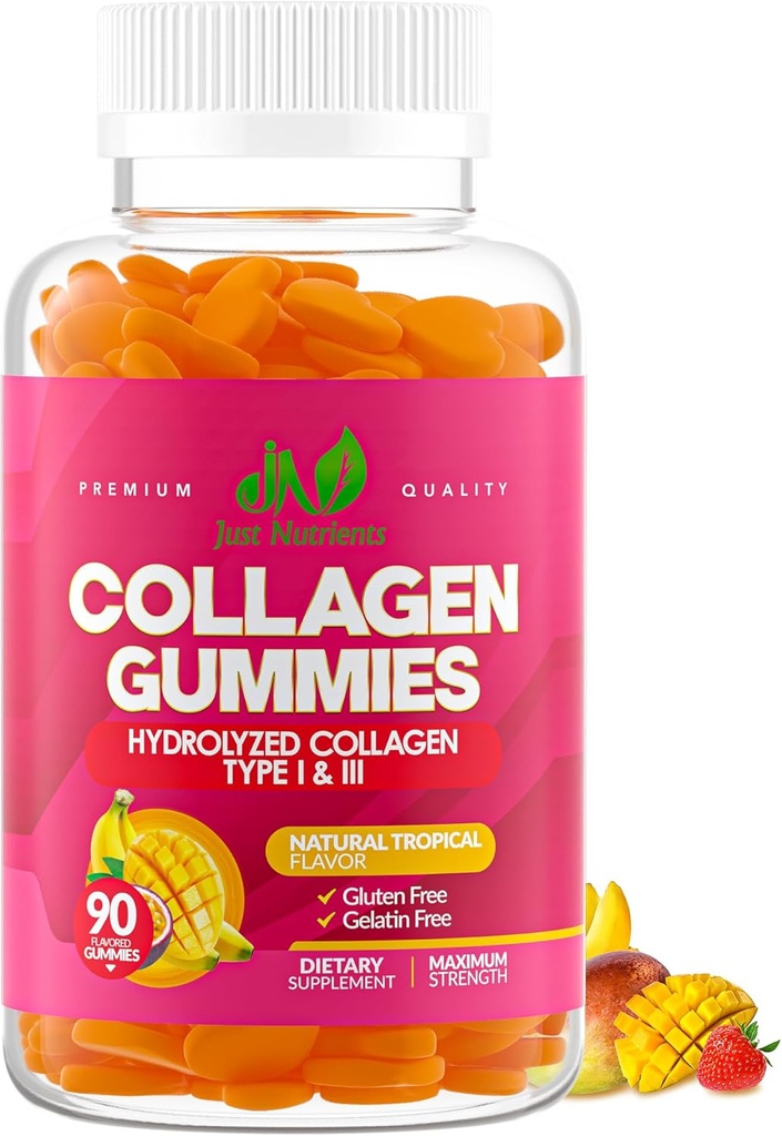 Gummies de colágeno para mulheres e homens (90 Count) - Premium Colágeno Hidrolisado Tipo I & III para cabelo, pele e pregos Suporte - Grande sabor tropical de prova, sem glúten, Não-GMO - 90 Gummies (45 Servings)