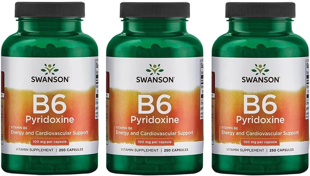 Swanson B6 Pyridoxine - Vitamin Supplement Promoting Cardiovascular Health & Energy Metabolism - Natural Formula Promoting Overall Wellness - (250 Capsules, 100mg Each) 3 Pack