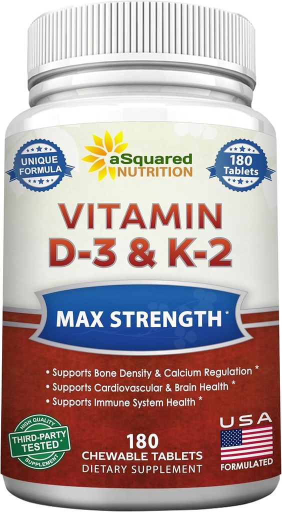 ASquared Nutrition D3 bitamina K2 Supplement-180 Chewable Tablets, Max Indarra D-3 Cholecalciferol eta K-2 MK7 hezur osasuntsuei laguntzeko, Teeth, Heart -Antioxidant D3 eta K2 MK-7 Energia Formula Helduei laguntzeko