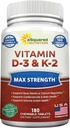 aSquared D3-vitamin K2 Supplement- 180 rágótabletta, Max Strength D3 Cholecalciferol & K-2 MK7 az egészséges csontok, fogak, szív-antioxidáns D3 & K2 MK- 7 Energy Formula Felnőttek