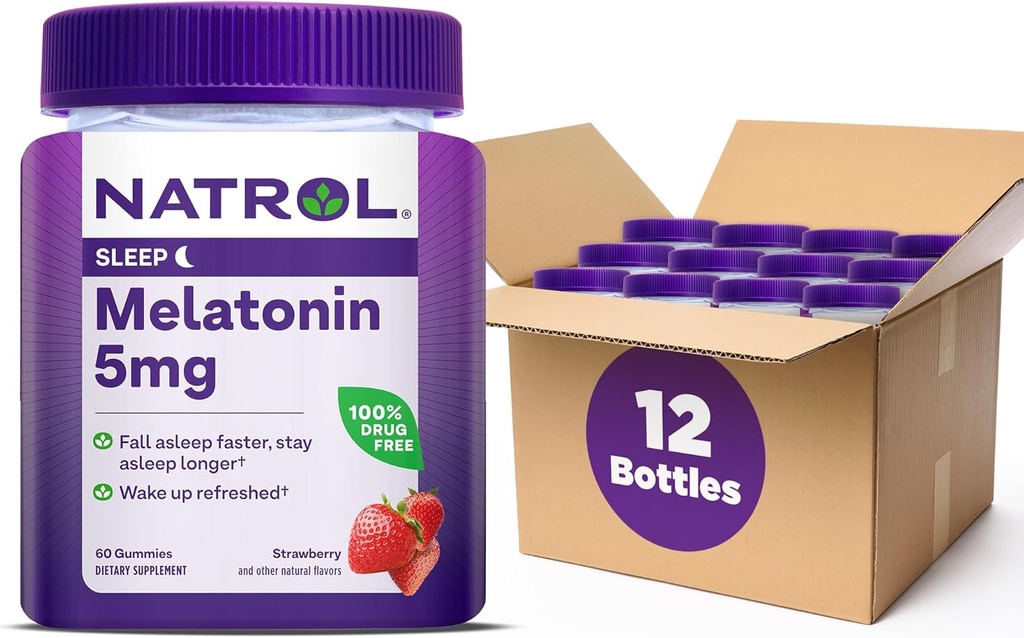 Natrol 5mg Melatonin Ghommies, implementació per a adults, Melatonin suplementaris per a dormir, 60 Strawber-Flavored Gbytes, 30 dies de camp (Pira de 12)