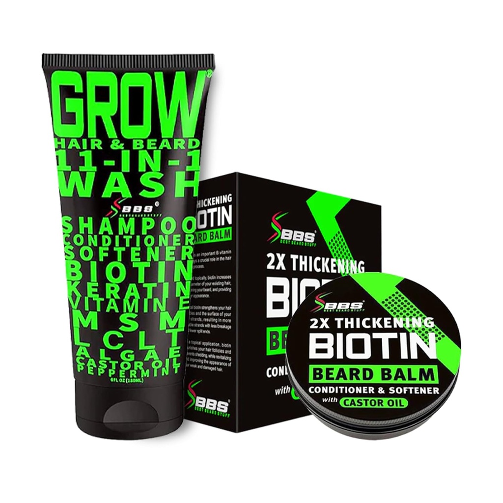 Beard Growth Kit w/2X Thickening Biotin Beard Balm for Men & Mustache Wax + GROW 11-in-1 Mens Shampoo & Conditioner (Hair Growth Shampoo for Men w/Biotin) - Формулируется в Америке