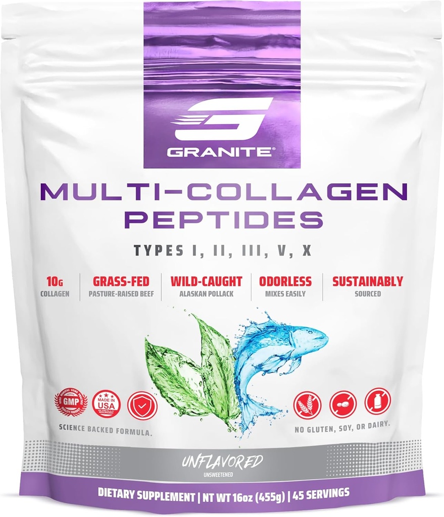 Granite Adds Collagen Peptides Toz - Tip I, II, III, V, Çıxılma üçün X Hidrolyzed Collagen Peptides, Bone, Mobility, & Joint Support (16oz) ilə Saç Skin və Nails Vitaminləri
