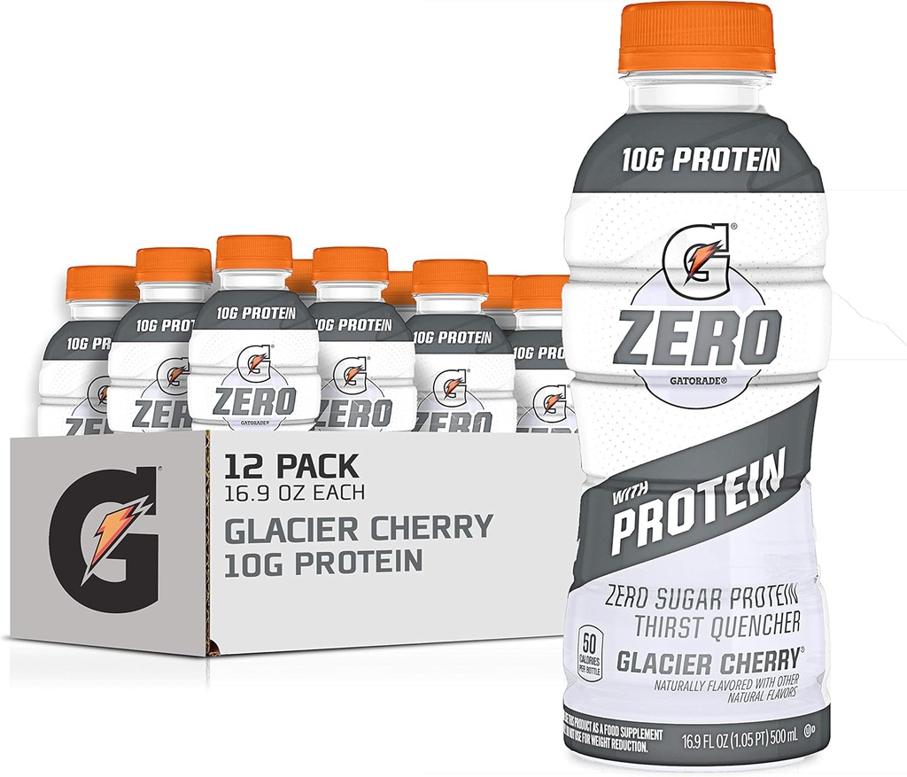 Gatorade Zero з протеїном, 10г Whey протеїн Isolate, Zero Sugar, Liquid Electrolytes, Glacier Cherry, 16.9 Fl Oz пляшки, 12 пакет