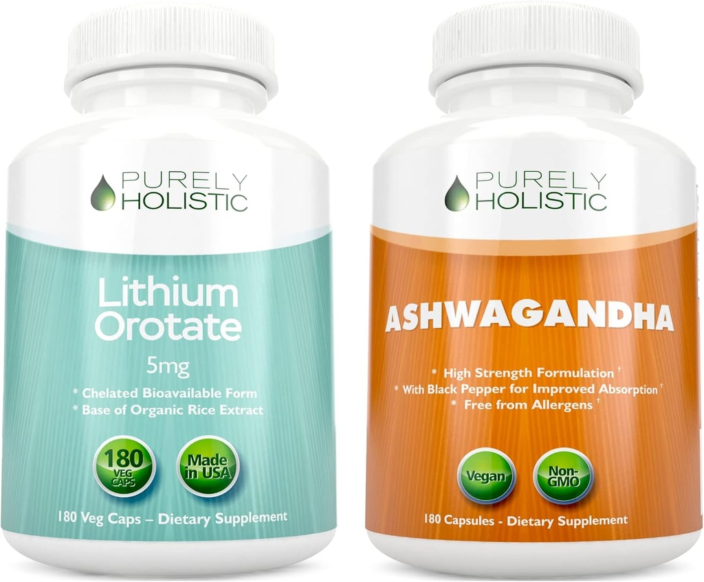 Lithium Orotate 5mg + Ashwagandha orgánica 1300mg " Black Pepper - Vegetarian Bundle - 360 cápsulas