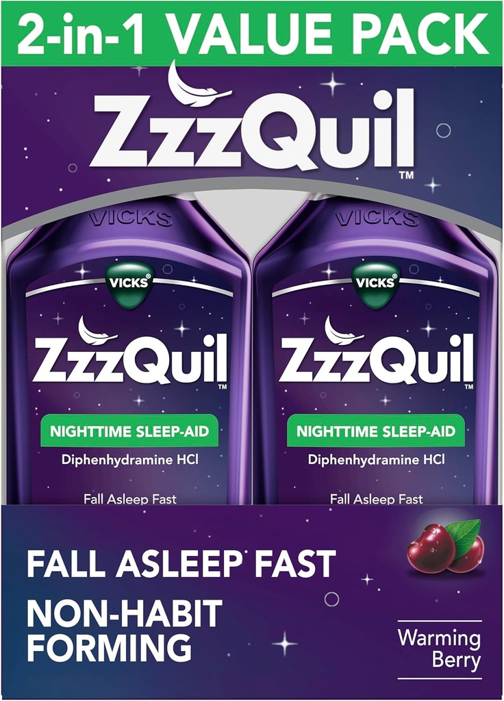 ZzzQuil, Slaaphulp, Nacht slaaphulp Liquid, 50 mg Difenhydramine HCl, Val Slaap Snel, Non-Habit Vorming, Warming Berry Flavor, 12 FL OZ (Pack of 2)